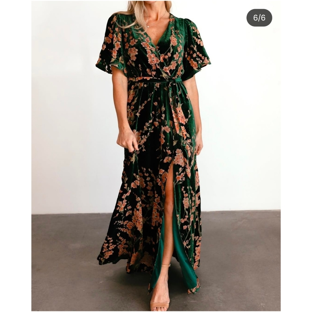 BALTIC BORN Uma Green Velvet Floral Maxi Dress sz L Women's - Picture 6 of 12
